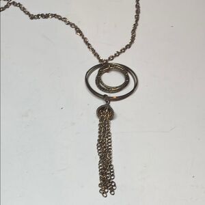 Contemporary Circular Pendant with Tassel Bronze Tone Chain Necklace 24”